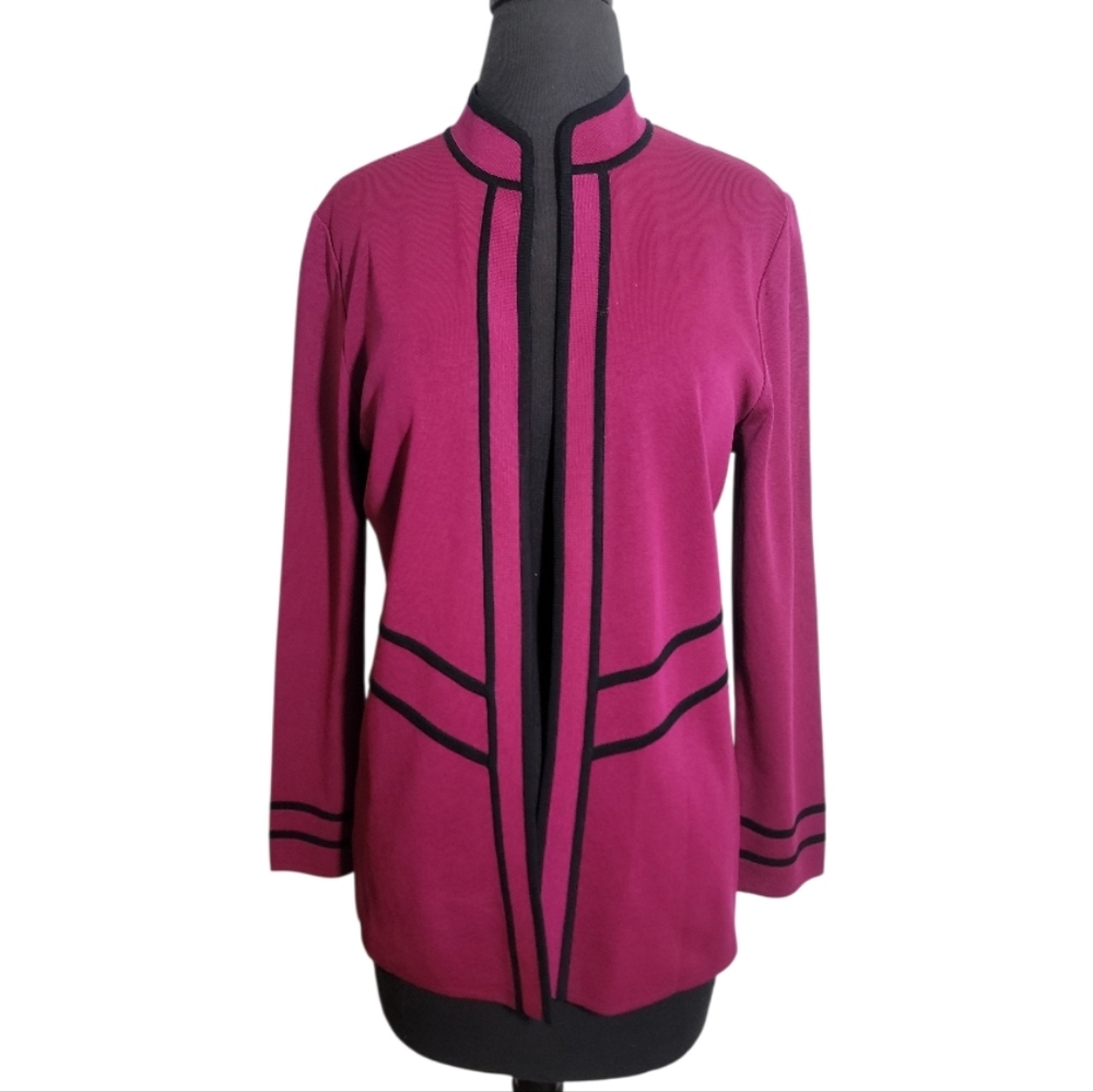 Ming Wang fuchsia cardigan women's small high neck black trim open front